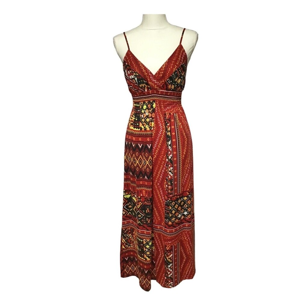 She's Cool Maxi Babydoll Dress Womens Small Abstract Artsy Vibrant Smocked Batik - Picture 2 of 13